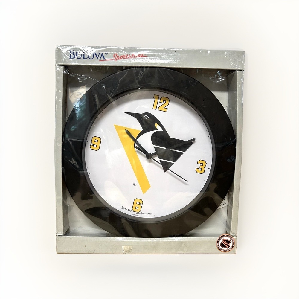 Pittsburgh Penguins Bulova Wall Clock Sportstime Vtg 1992 NHL Robo Penguin NOS